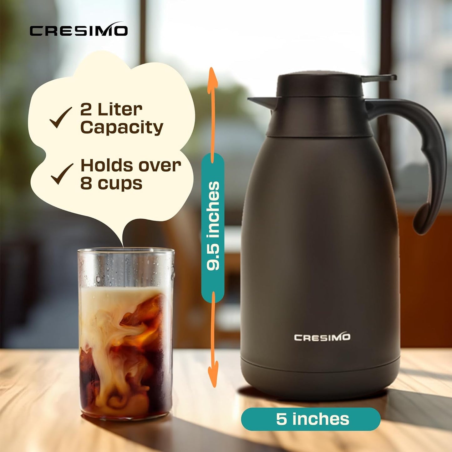 Thermal Coffee Carafe, 68 Oz - Black Stainless Steel, Durable & Easy to Pour, Keeps Drinks Hot for 12 Hours & Chilled