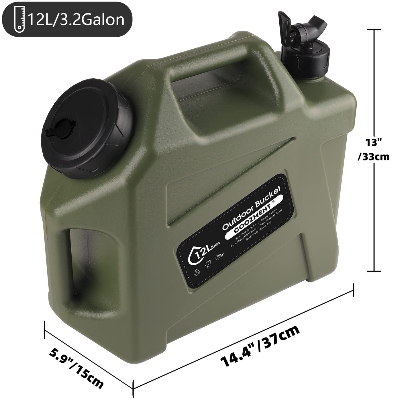 COOZMENT 3.2G (12L) Portable Water Jug with Spigot, BPA Free Green Storage Tank for Camping, Hiking, Emergencies