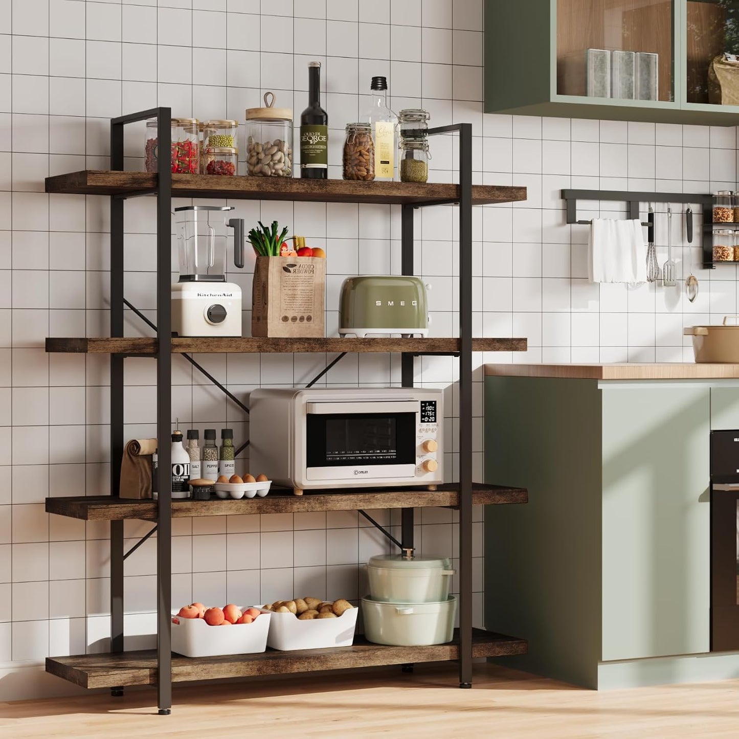 OtterOasis Bookshelf Set, Heavy Duty 4-Tier Industrial Bookcase, 47" Wide Wood Bookshelf for Home Office, 120lbs Shelf Capacity, Rustic Open Display with Horizontal Shelf for Living Room Bedroom