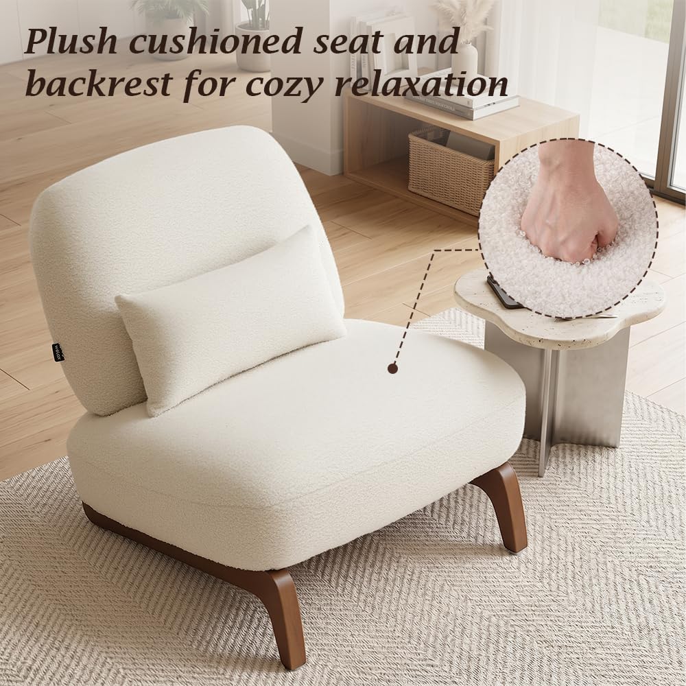 WELAX Modern Boucle Accent Chairs Set of 2, Sturdy Tilted Wood Legs with Thick Cushion & Comfy Lumbar Pillow, Armless Reading Chairs for Living Room, Lounge, Bedroom - White