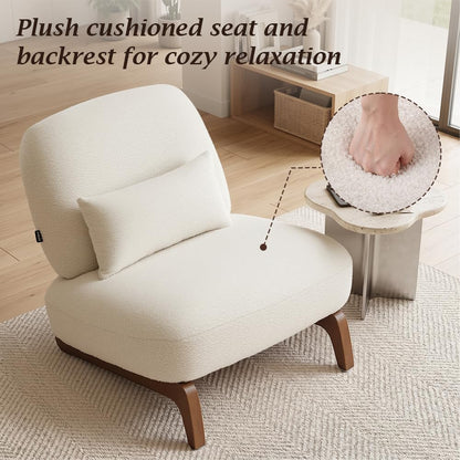WELAX Modern Boucle Accent Chairs Set of 2, Sturdy Tilted Wood Legs with Thick Cushion & Comfy Lumbar Pillow, Armless Reading Chairs for Living Room, Lounge, Bedroom - White