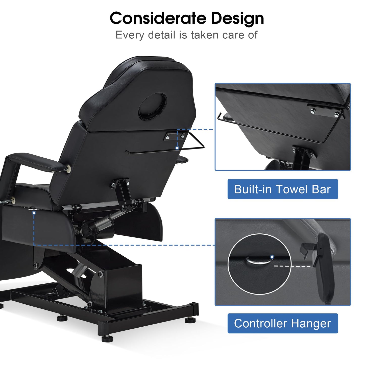 BarberPub Fully Electric Facial Bed with 3 Motor for Esthetician, Electric Tattoo Chair for Client, Facial Bed for Esthetician, Massage Adjustment 2751 (Black, Height (Flat): 25.2"–37")