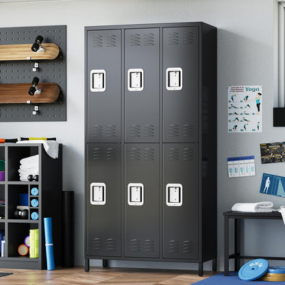 Heavy Duty Metal Storage Locker Cabinet – 6 Lockable Doors, Hooks, Shelf, Ventilated Design – Tall Steel Office Organizer for School, Gym, Garage – Secure Storage Rack, Black
