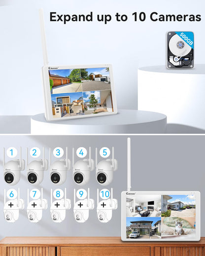 Jennov 5MP Wireless Security Camera System with Monitor, 4 Outlet-Powered WiFi Cameras, 10CH NVR with 500GB HDD, Night Vision, Motion Detection, IP66, No Subscription, Indoor Outdoor
