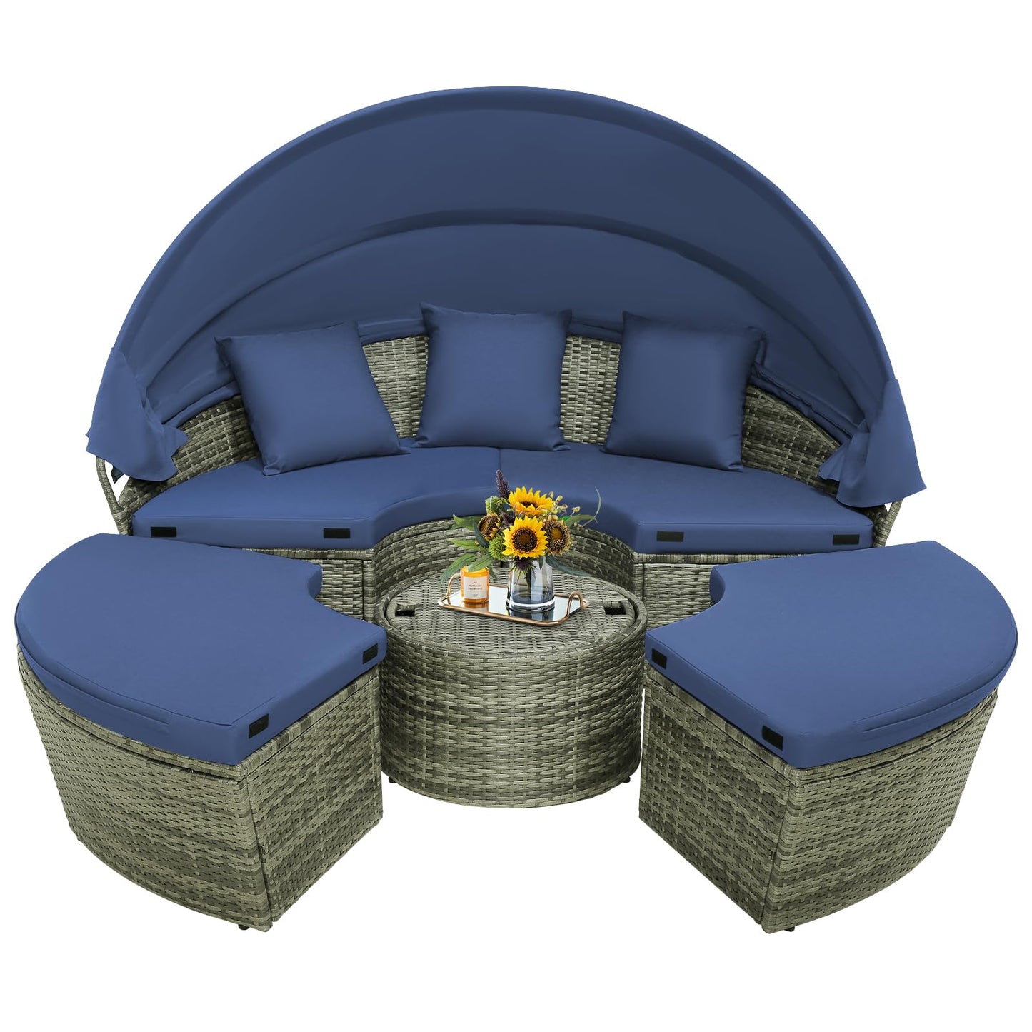Tangkula Outdoor Round Daybed with Retractable Canopy, PE Wicker Sectional Seating Furniture with Cushions and Throw Pillows, Separates Cushioned Seats for Backyard, Poolside (Navy)