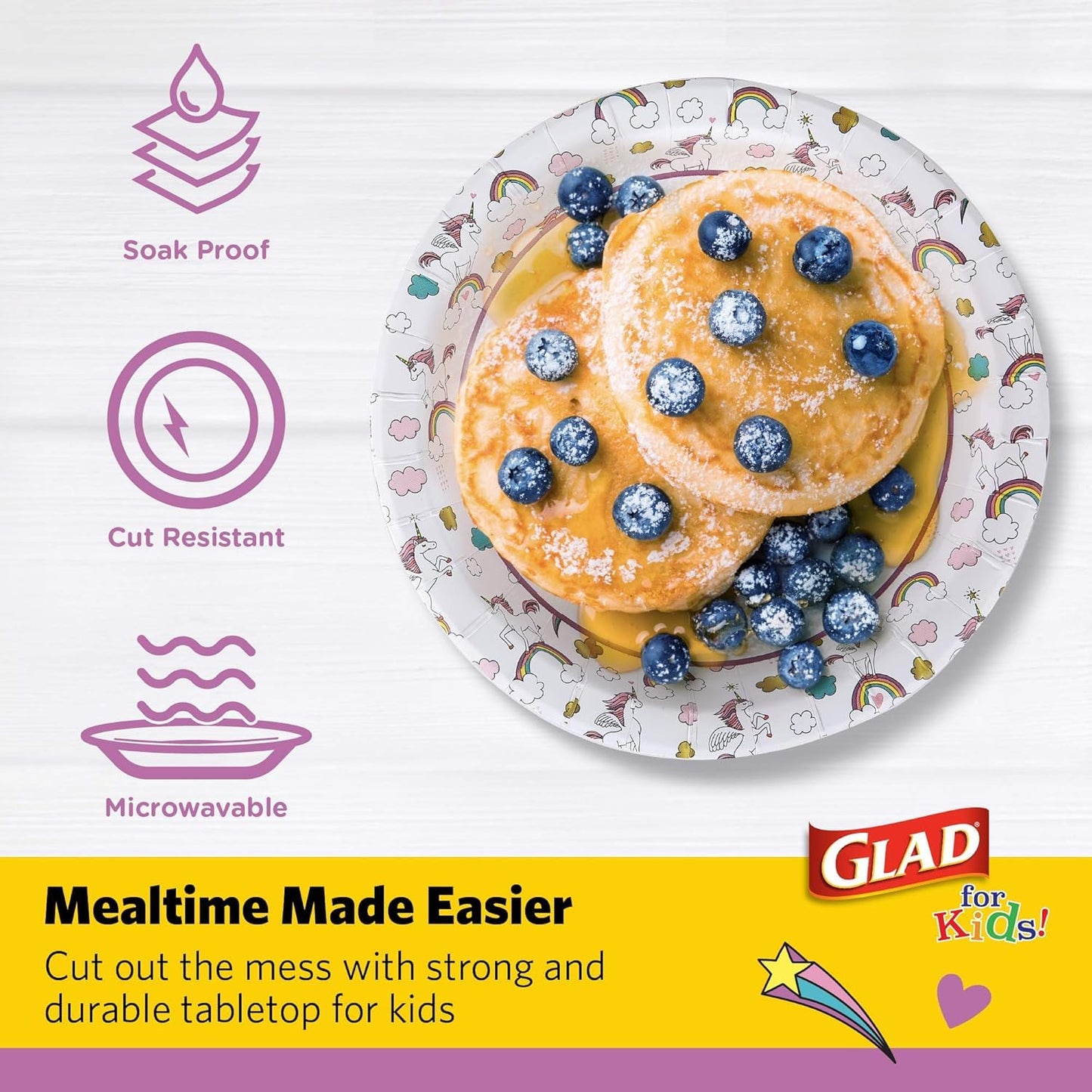 Glad for Kids Unicorn Theme Disposable Paper Plates, Heavy-Duty Soak-Proof Round Plates for Kids Birthdays, Parties, and Everyday Meals, Microwave Safe, 8.5 Inch, 20 Count - 3 Pack