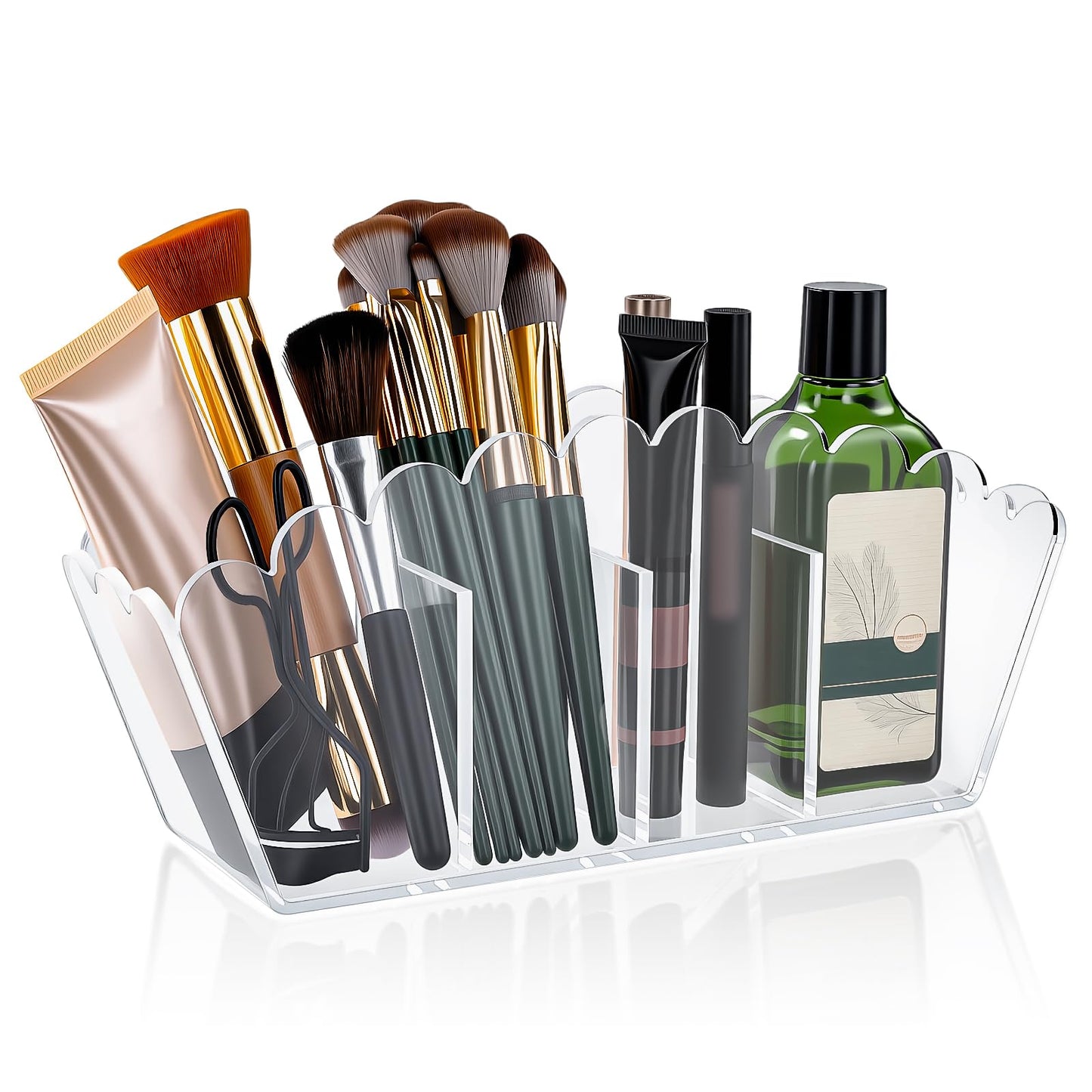Novacrylion Scalloped Acrylic Pencil Holder – Clear Desk Organizer with 4 Compartments – Makeup Brush Holder & Remote Caddy for Office, Bathroom, Table – Party Accessory （4-Comp）