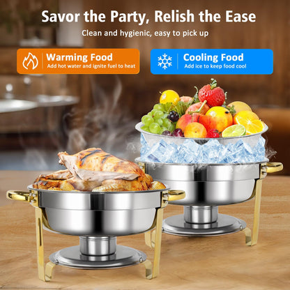 PRlJESSE 6QT Chafing Dishes for Buffet Set, Gold Round Chafing Dish Buffet Set with Glass Lid, chafers and Buffet Warmers Sets, Serving Food Warmer for Parties, Buffet (8 Pack)