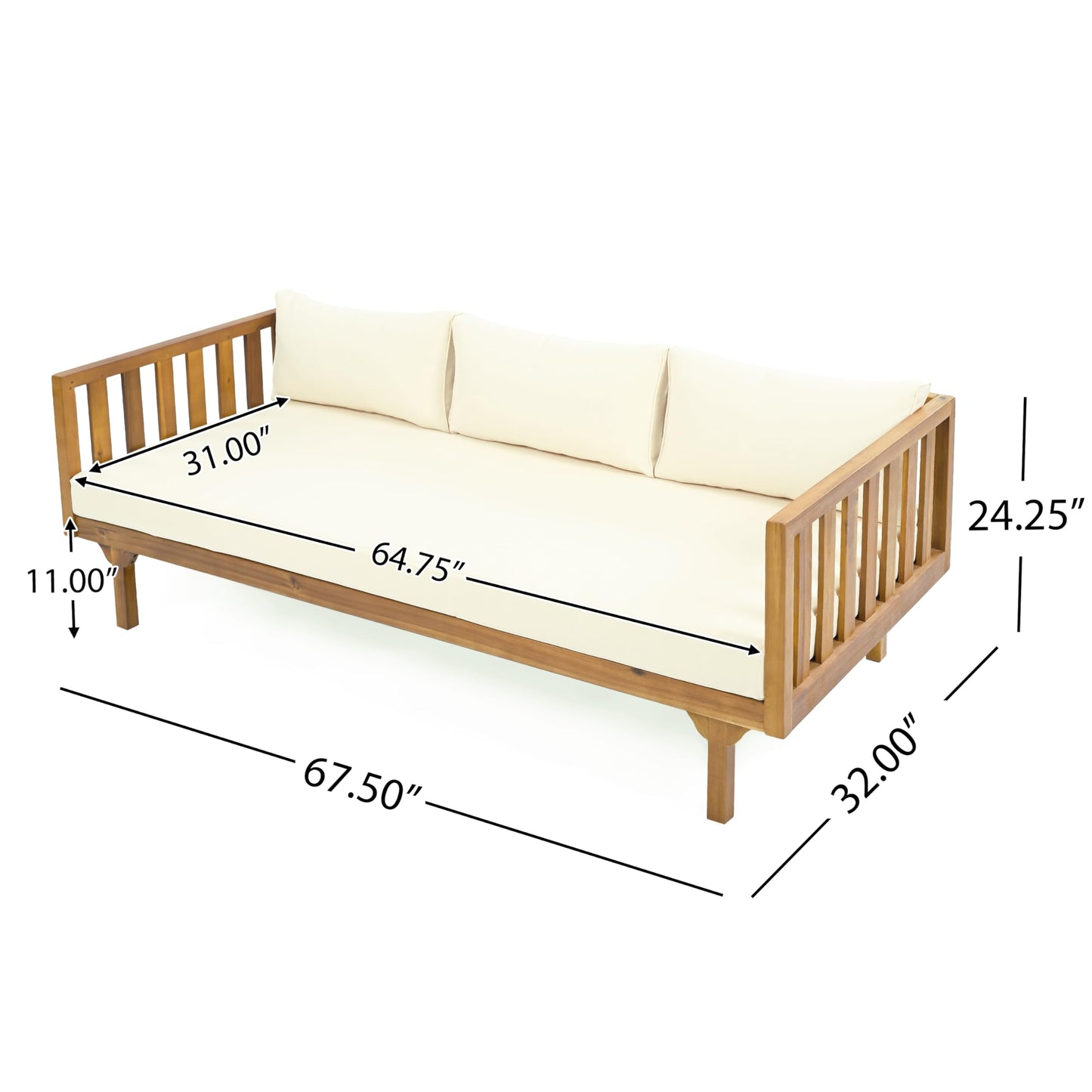 Christopher Knight Home Claremont Outdoor 3 Seater Acacia Wood Daybed with Fabric Water Resistant and Removable Cushions, Patio Garden Poolside Sofa with Slat Paneling Armrest and Back, Teak and Beige