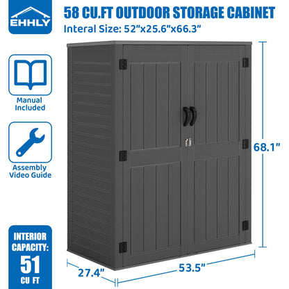 EHHLY Vertical Resin Storage Shed, 60 Cuft Garden Tool Sheds & Outdoor Storage, Plastic Outdoor Storage Cabinet Waterproof, 4.5 x 2.3 ft Backyard Outside Lawn Mower Storage Shed, Grey