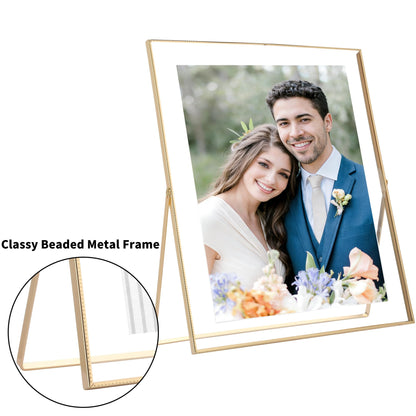 Classura Gold 8x10'' Floating Picture Frame Set of 2,For Photo Sizes (5x7'',6x8'',7x9''),Beautiful Metal Beaded Edge Frames Adjustable Tabletop/Shelf Photo Frame,Classy Gift Choice for Wedding