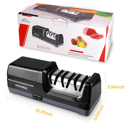 Enutogo Knife Sharpener, 3-Stage Electric Knife Sharpener for Kitchen Knives, 100% Diamond Abrasive with Quick Sharpening & Polishing, Professional Sharpening Tool with Metal Dust Collection Box