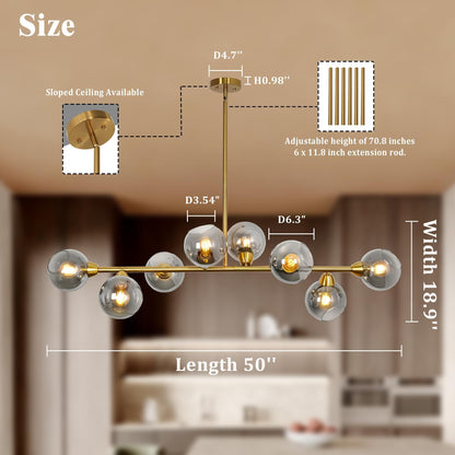 Lzawvm Linear Chandeliers for Dining Room 8-Lights Sputnik Pendant Lights Kitchen Island Mid Century Modern Smoky Glass Chandelier 50 Inch Farmhouse Dining Light