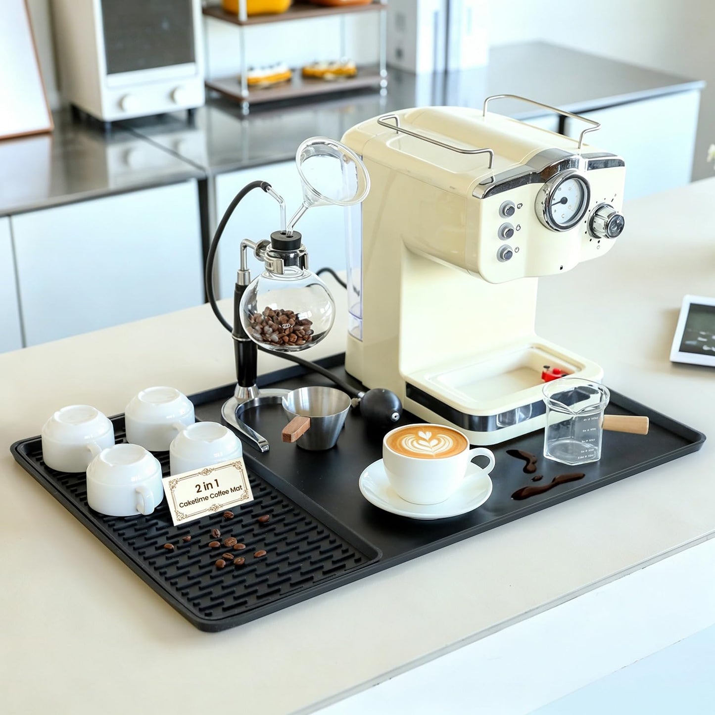 Caketime 2 In 1 Silicone Coffee Bar Mat Accessories for Ninja Coffee Maker with Detachable Dish Drying Rug Kitchen Counter Under Sink Drainer Appliances Dorm Room Decor 16"x24" Extra Large Black