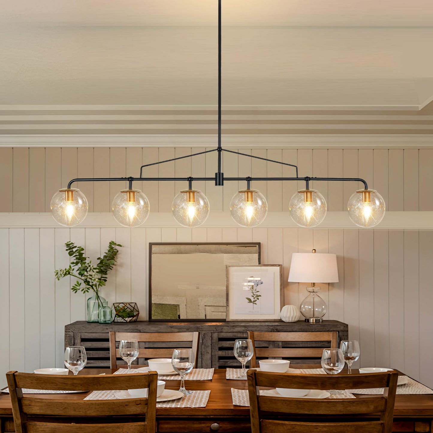 Lzawvm Modern Linear Chandelier Black and Gold Chandelier Dining Room Light Fixture 6 Lights Linear Pendant Light with Seedes Glass Globe Shade for Farmhouse Island Over Tble, Length 51.58 Inch