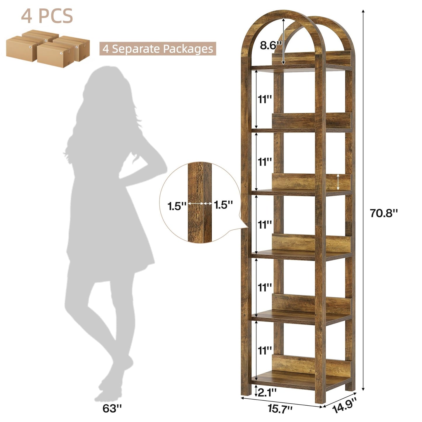 Tribesigns 6-Tier Narrow Bookshelf, 71" Tall Arched Bookcase with Shelves for Small Space, Skinny Wooden Display Shelf Open Storage Rack for Living Room, Home Office, Bathroom, Kitchen, Brown, 4PCS