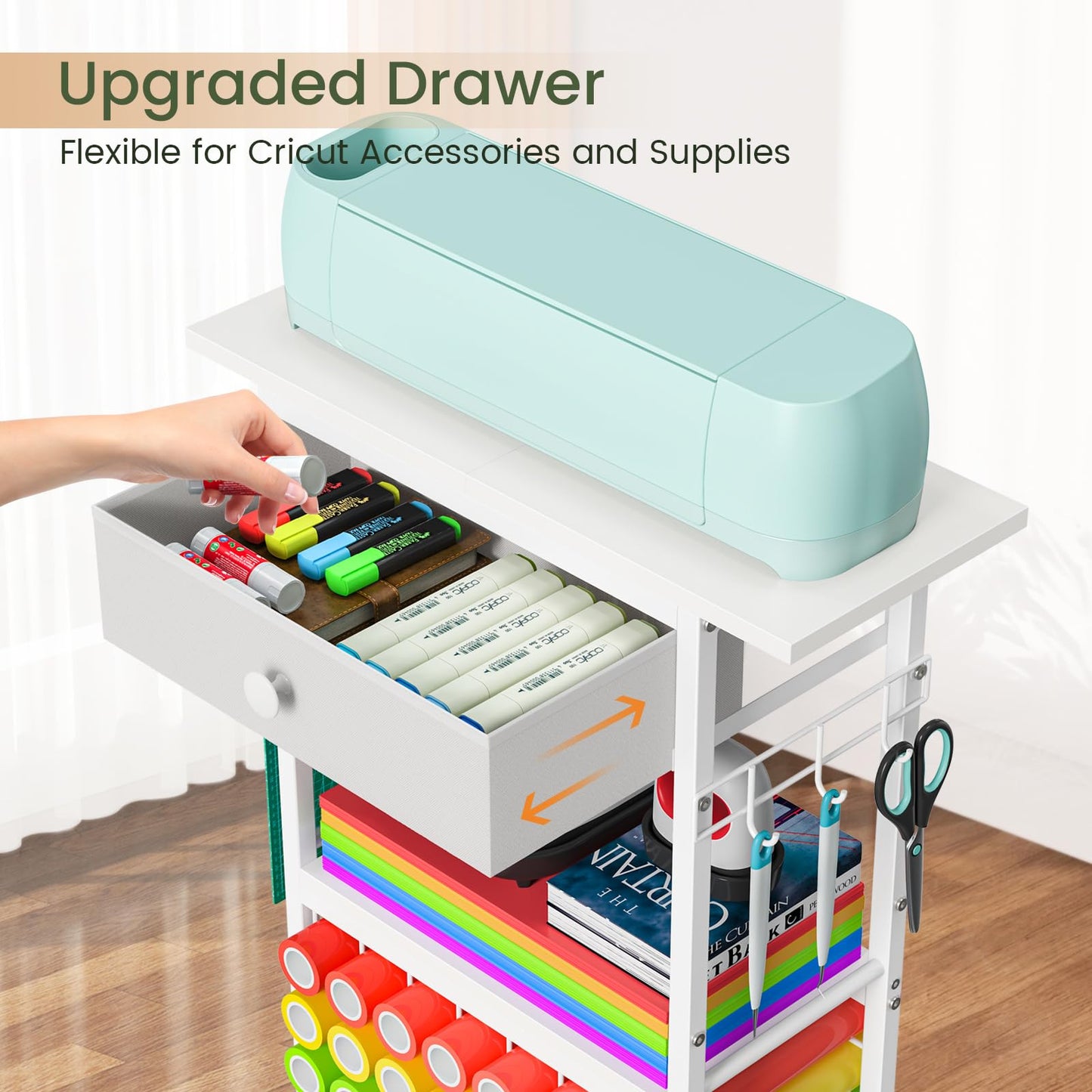 Snughome Craft Cart Compatible with Cricut Maker, Craft Organizers and Storage Table for Cricut Cart with Wheels, Drawer and 28 Vinyl Roll Holders, White, 23.6"(L) x 9.5"(D) x 31.7"(H)