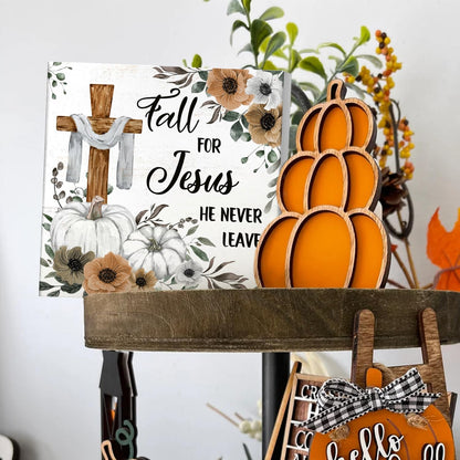 Christian Sign Fall Decor, Rustic Wood Box Desk Decor for Living Room and Bedroom, 5x5 Inch "Fall for Jesus He Never