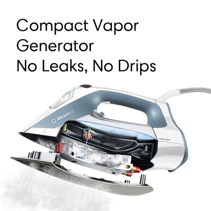 Reliable Velocity 180IR Steam Iron for Sewing, Quilting and Clothes, 1800 Watts Compact Vapor Generator, Leak Free Continuous Steam, Variable Steam Dial, Ceramic Soleplate with Three Heat Settings
