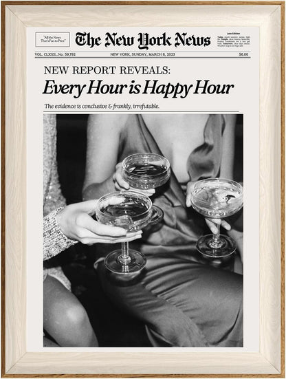 12x16in ASTRDECOR Framed Trendy NewsPaper Wall Art - Every Hour is Happy Hour, Retro News Prints Posters, New York