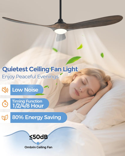 Ombrin 72 inch Outdoor Ceiling Fans with Lights,Smart Wood Large Ceiling Fan for Alexa,Google & APP Control,Indoor/Outdoor,3 Blades,3CCT Dimmable,Deep Brown Walnut,Downrod Mount for Patio Porch