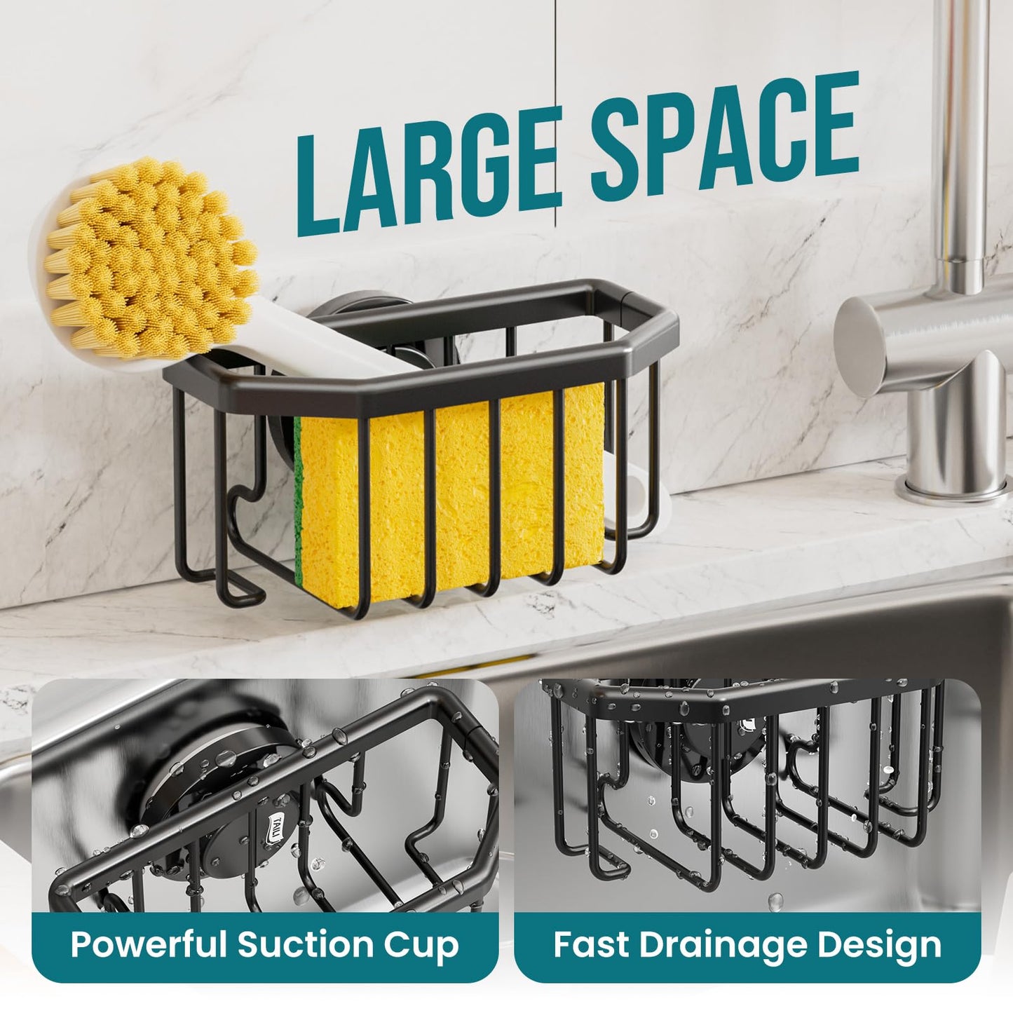 TAILI Sponge Holder with Strong Suction Cup, Dish Sponge Caddy Inside Sink Removable, Rustproof Aluminum for Sponges, Brushes, Stoppers and Scrapers - Black