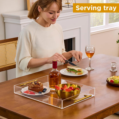 12"x16" Clear Acrylic Serving Tray with Golden Handles, Sturdy Huge Capacity Acrylic Tray for Coffee, Juice, Kitchen and Desk Organizer, Storage Tray (12"x16")