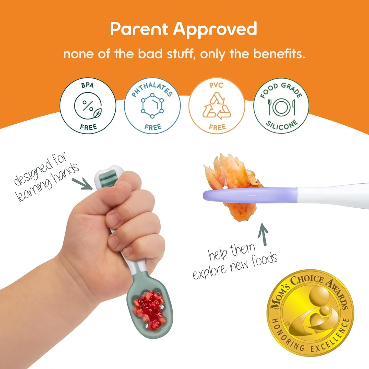 NumNum Baby Spoons Set - Pre-Spoon GOOtensils for 6+ Months | Silicone Self-Feeding Utensils, 2 Pack Red/Orange