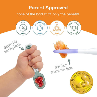NumNum Baby Spoons Set - Pre-Spoon GOOtensils for 6+ Months | Silicone Self-Feeding Utensils, 2 Pack Red/Orange