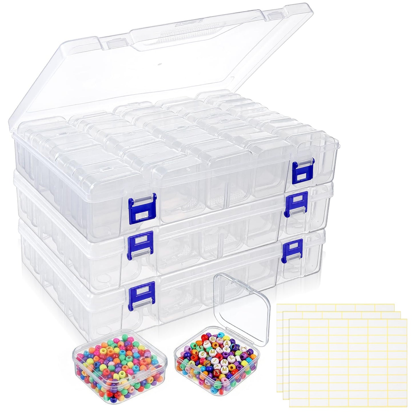 PercyEffie 3 Pack Bead Organizer Box,135Pcs Small Clear Storage Boxes with 3 Ppcs Labels, Mini Clear Storage Containers Boxes with Hinged Lid Jewelry DIY Bracelet Screws Seeds Small Parts
