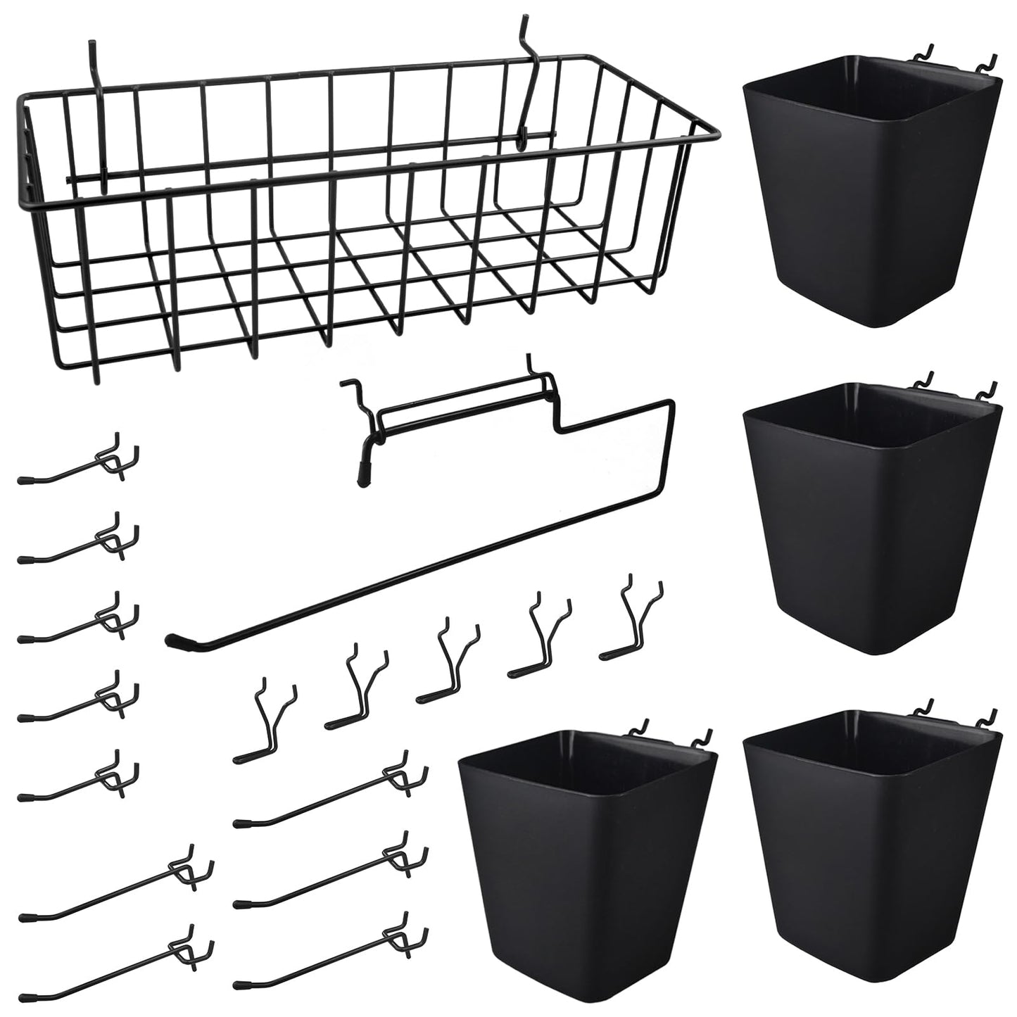 G.CORE Peg Board Organizer 21 Pack, Pegboard Accessories with Baskets Cups Hooks - 1/8" & 1/4" Peg Board Wall Tool Organizers, Utility Holders & Hangers for Garage Craft Workbench (Black & Black)