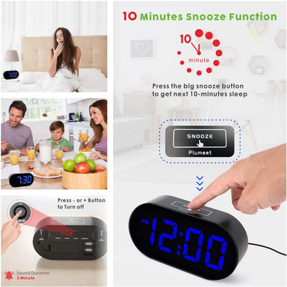 Plumeet [Updated Version] LED Alarm Clock with Adjustable Brightness Dimmer, Blue Digit Display, USB Port, Navy Blue
