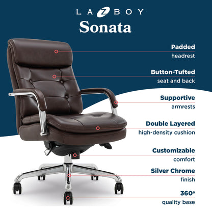 La-Z-Boy Sonata Executive Mid-Back Office Chair, Button-Tufted Seat and Back, Double-Layer Cushion, Padded Armrests, Ergonomic Computer DeskChair, Swivel Metal Base, Bonded Leather, Dark Brown/Chrome