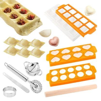 8PCS Ravioli Maker Press Set,Ravioli Stamp Maker Cutter with Wood Rolling Pin,Empanada Maker-Press,Ravioli Wheel and Stuffing Spoon,for Homemade Pasta,Dumpling,Pastry Kit(Yellow)