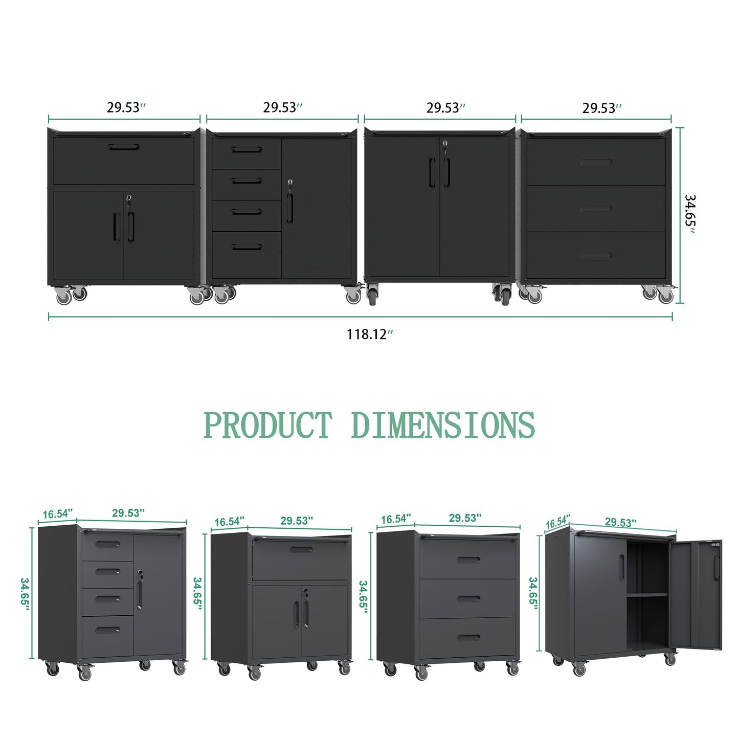 VIYET 4-Pack Rolling Garage Tool Cabinet,Heavy Duty Steel Rolling Tool Chest with Lockable Doors & Adjustable Shelves,Mobile Workshop Storage Cart for Garage Organization,Black