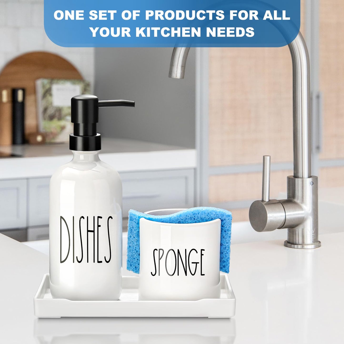 ALPIRIRAL Dish Soap Dispenser for Kitchen, Ceramic Dish Soap Dispenser with Sponge Holder, White Dispenser Set with Tray, 3 in 1 Countertop Sink Organizer, Farmhouse Modern Kitchen Decor