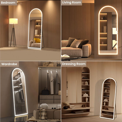 Pertetey 83x36 Inch LED Arched Full Length Mirror with Lights, Black Frame Dimmable & 3 Color Modes LED Full Body Dressing Standing or Wall Mounted Long Mirror
