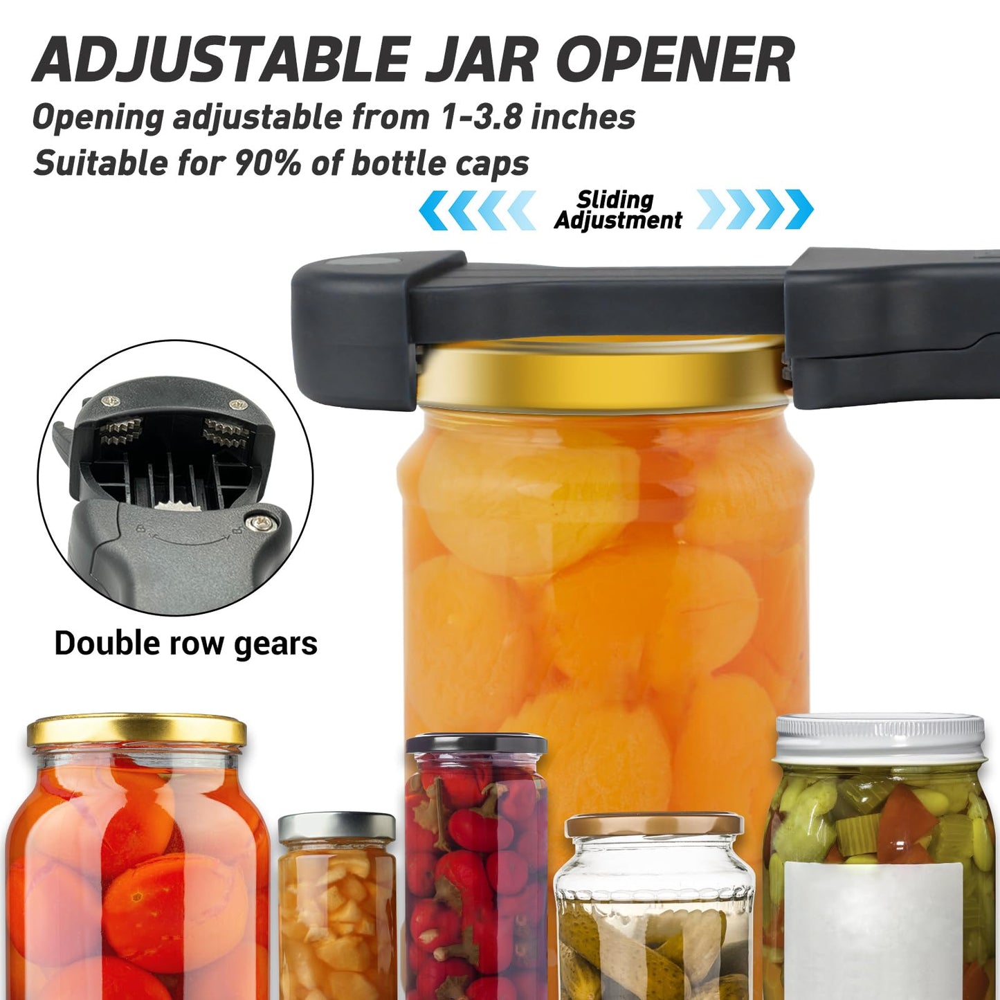Banyaa 7 in 1 Jar Opener Bottle Opener and Wine Opener for Seniors with Arthritis, Weak Hands, Multi Retractable Magnetic Can Opener, Original Kitchen Lid Opener Tool (Black)