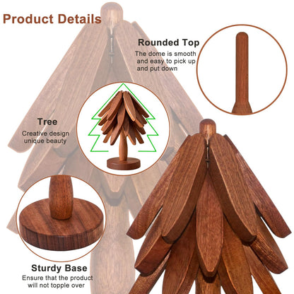 Wooden Trivets for Hot Dishes,Tree Shape Trivet Set,4 Wooden Trivets+1 Stand,Stored Like a Christmas Tree,Natural Foldable Kitchen Wooden Trivet,for Hot Dishes、Pot、Bowl、Teapot、Teacups(Walnut Wood)