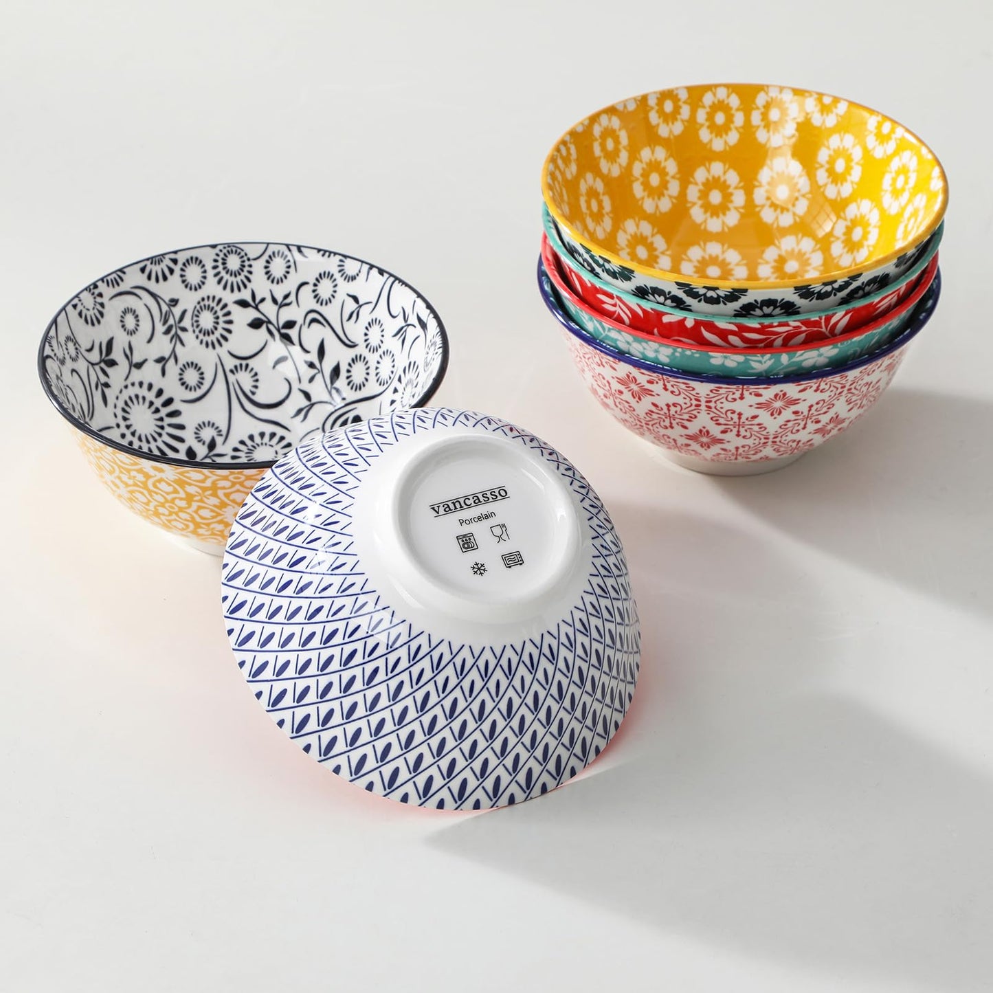 vancasso SELENE 24 oz Cereal Bowls set of 6, Ceramic Soup Bowls for Kitchen, Dishwasher & Microwave Oven Safe- for Cereal, Soup, Pasta, Salad, Vivid Floral Design Bowl Set