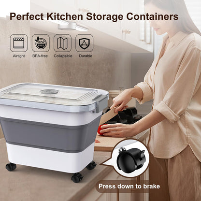 Rice Storage Container, Collapsible Airtight Food Storage Containers 20-30lbs with Clear Lid and Wheels, Rice Dispenser with Scoop for Flour Cereal Pasta Grain, Cat Pet Bird Dog Food Storage Container