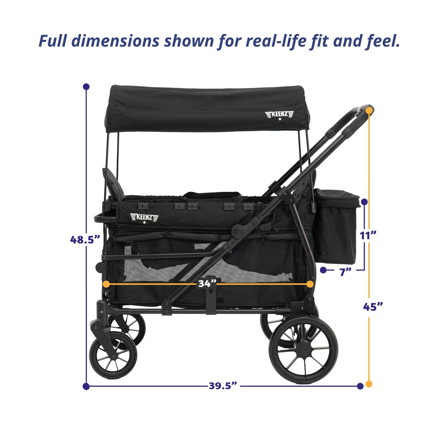 Keenz Viva 4-Passenger Compact Stroller Wagon for Kids with Foldable Frame, Push/Pull Handle, EVA Wheels, and Mosquito Net Canopy – Lightweight Wagon for Families, Black