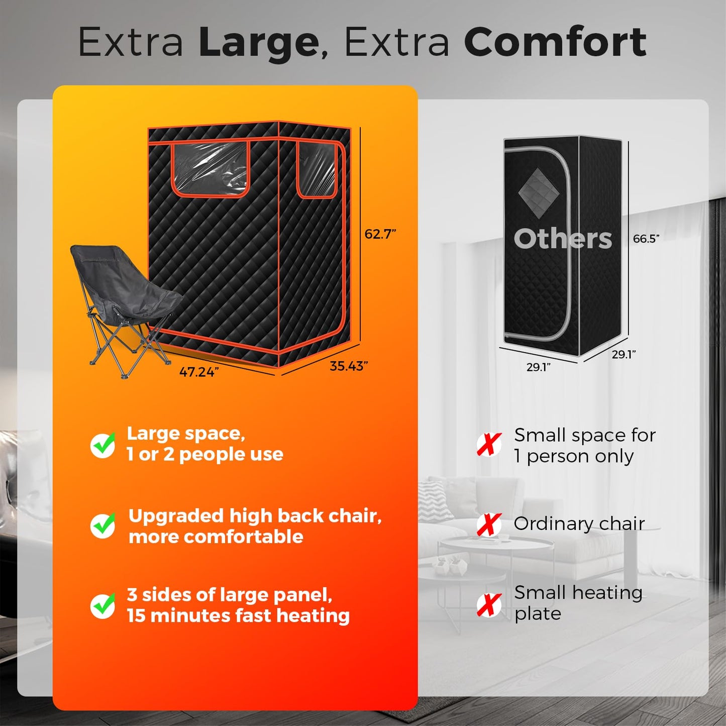 Smartmak Portable Infrared Sauna, 1-2 Person Oversize Infrared Sauna Box, Personal Indoor Home Dry Sauna Tent, with Adjustable Folding Chair, Remote Control, LED Light