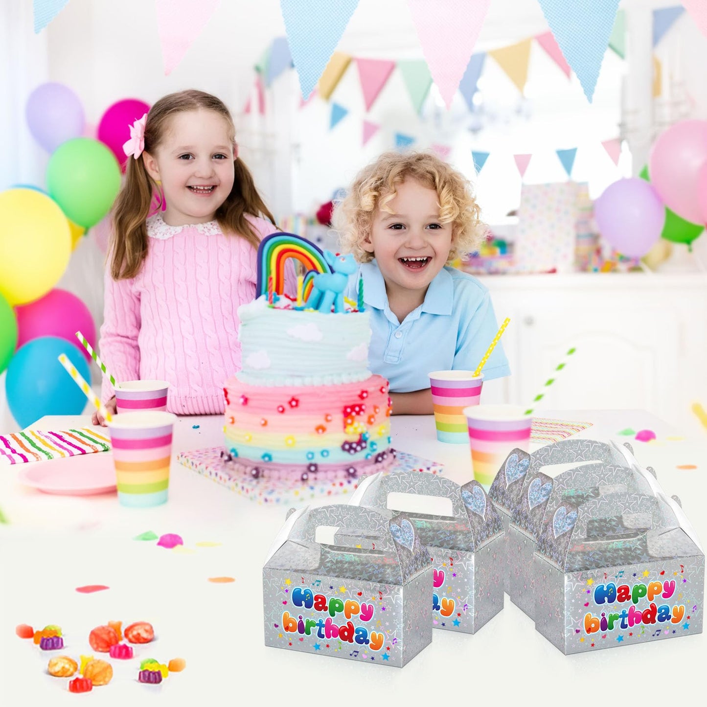Naleyber Iridescent Star Party Favor Treat Box, 24pcs Holographic Gable Boxes for Candy Snacks Gifts, Shiny Goodie Boxes for Birthday parties