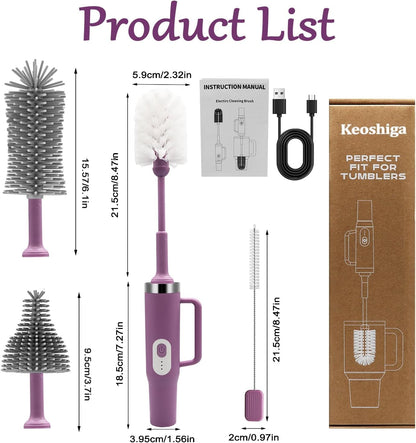 5 in 1 Electric Bottle Brush Cleaner Compatible Stanley Bottle Brush Straw Cleaner Multifunction Rechargeable IPX6 Waterproof Extra Long Design for Stanley Cup, Sports Bottle and More (Purple-1)