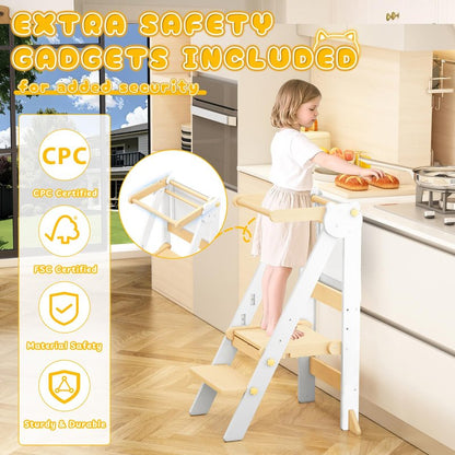 Foldable Toddler Tower, Wooden Toddler Kitchen Stool with 3 Adjustable Heights and Removable White/Blackboard, Montessori Foldable Learning Tower Kitchen Stool, Natural Wood