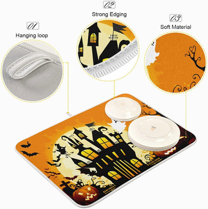 Halloween Dish Drying Mat, 18x24 Inch Scary Ghost on Tree Pumpkin Drying Pad for Kitchen Countertops