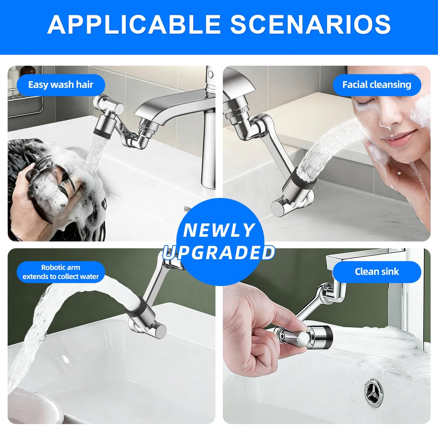 1080° Swivel Faucet Extender, Chrome Finish Sink Aerator with Universal Robotic Arm, Multi-Directional Spray Attachment for Kitchen and Bathroom