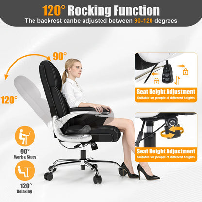 Ergonomic Leather Office Chair with Adjustable Lumbar Support, Flip-Up Armrests Desk Computer Chair, Swivel PC Chair with Rocking Function