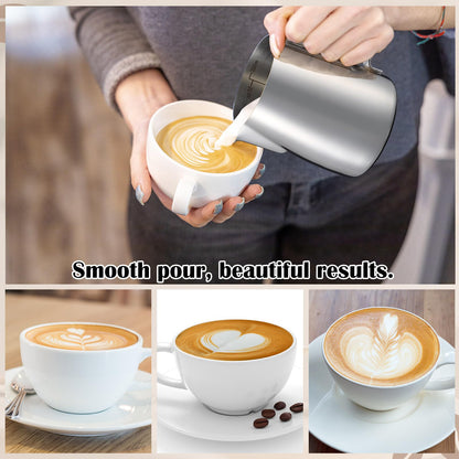 Honeydak 2 Pcs Milk Frothing Pitcher 304 Stainless Steel Steaming Pitchers for Coffee Bar Cappuccino Barista Tools Milk Jug Steamer Frother Cup (12 oz)
